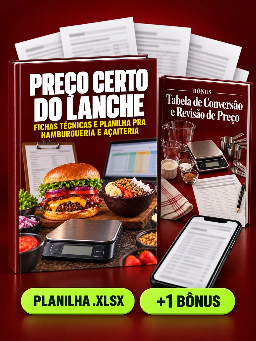 Montagem ilustrativa do Preço Certo do Lanche: livro com a capa, páginas do material e celular e capas dos bônus