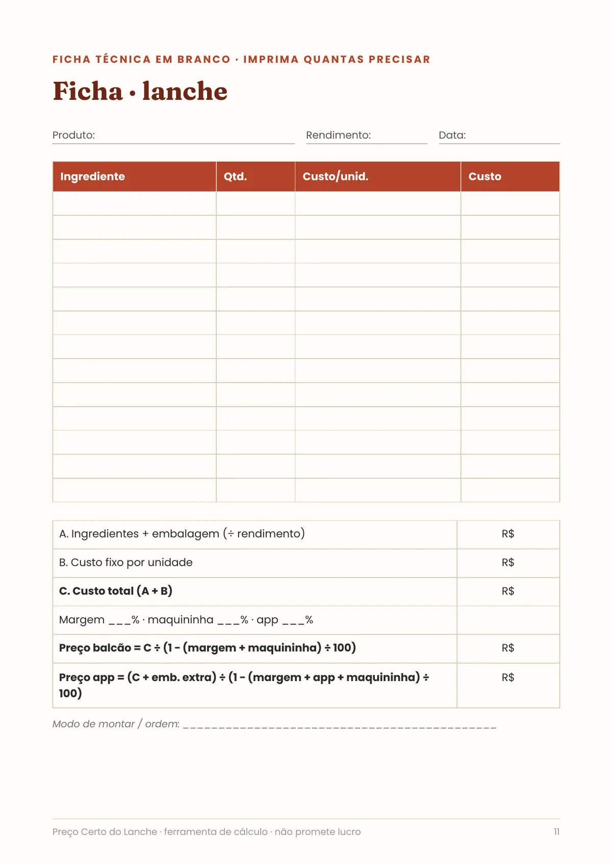 Página real do PDF Preço Certo do Lanche: ficha em branco pra imprimir